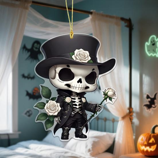 Halloween Car Ornament Cool Skeleton Acrylic Car Rearview Mirror Charm 2D Flat Skull Hanging Pendant for Car Interior Backpack Accessory