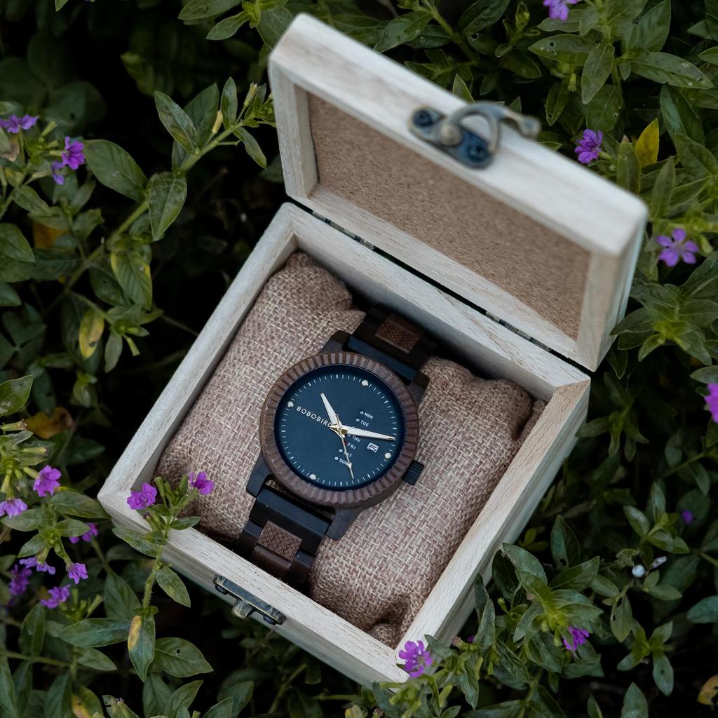 BOBO BIRD Мужские деревянные часы с аналоговым кварцевым механизмом, индикацией дня недели и даты, легкие деревянные часы ручной работы (Темно-синий)