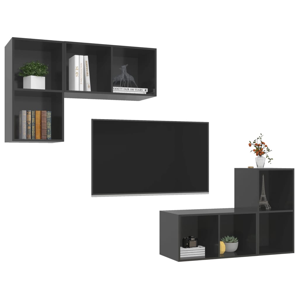 TV Wall Cabinets Set 4 pcs High Gloss Grey Particleboard