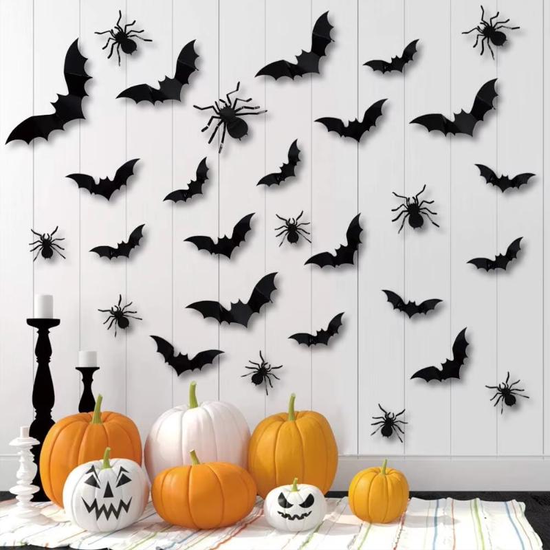 60Pcs 3D Black Bats & Spiders Wall Decor PVC Stickers Waterproof Halloween Party Decorations for Windows Bats & Spiders Themed