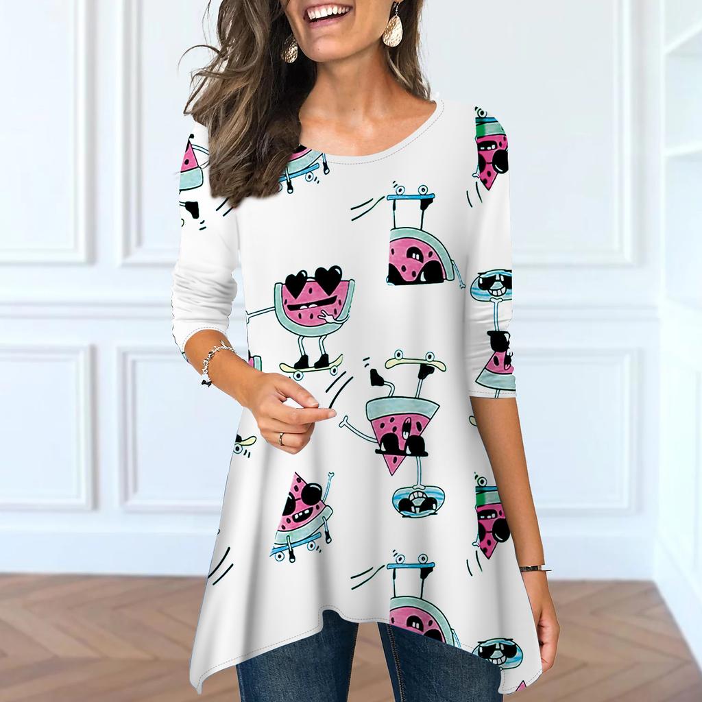 Женские весенние топы с круглым вырезом и принтом арбуза, модные футболки с длинными рукавами и неровным подолом