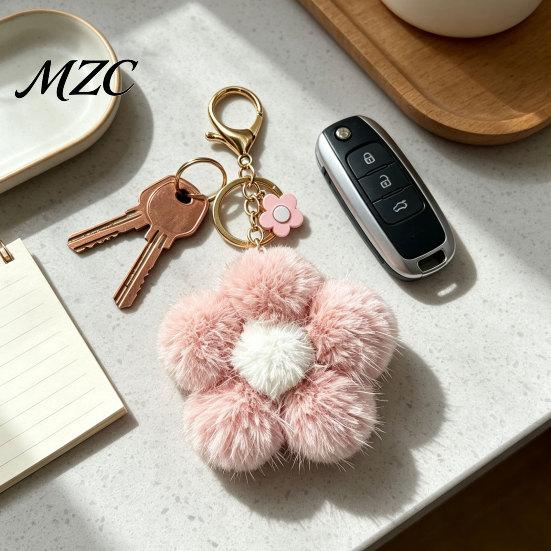 Plush Flower Keychain for Backpack, Fuzzy Floral Keyring Key Chain Bag Charm, Women Girls Handbags Decorative Accessory Aesthetic Purse