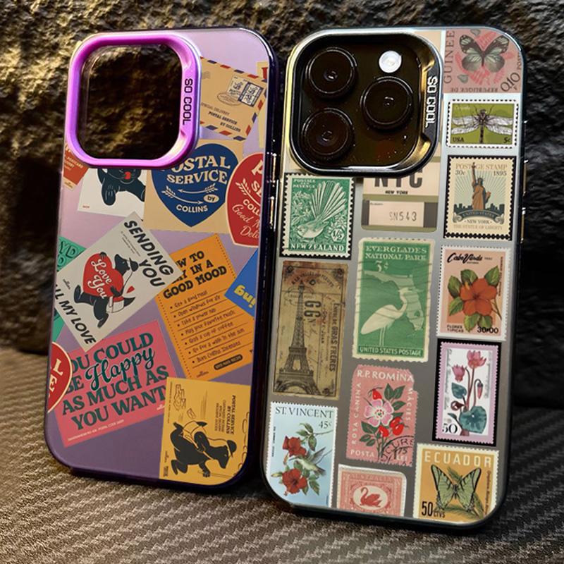 Stylish Stamp Patchwork Phone Case For Iphone 17 16 15 14 13 12 11 Pro Max Anti-Drop Phone Cover Case Funda Bumber 16 Pro