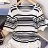 Женские свитера, пуловеры, 2025, лето, короткий рукав, О-образный вырез, белый, черный, полосатый, вязаный свитер, женские топы, пуловер JJ182