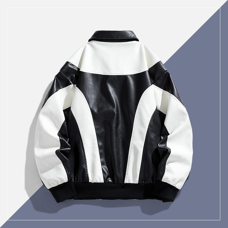 Мужская байкерская куртка из искусственной кожи с цветными блоками, свободные лацканы, прямой подол