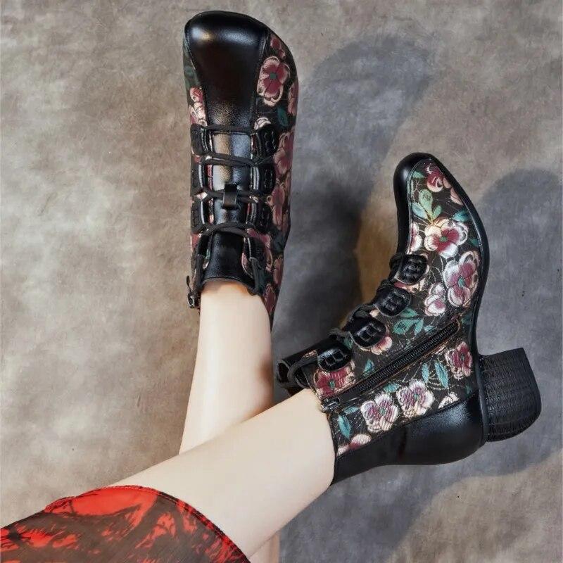 Johnature Короткие ботинки, женские теплые женские туфли с круглым носком и толстым каблуком в этническом стиле, на мягкой подошве с принтом