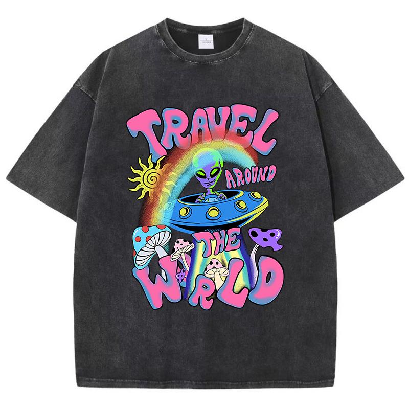 Women Cotton Washed T-Shirts Fashion Loose O-Neck Tee Shirts The Arrival Of Aliens Printing Short Sleeve Summer Female Clothes