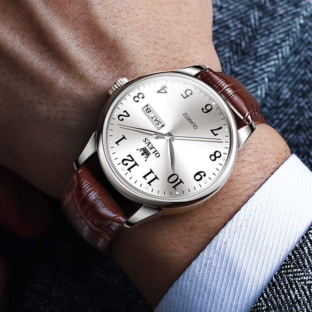 Olevs Популярные деловые кожаные часы с арабскими цифрами для повседневного ношения, удобные для чтения часы с большим циферблатом, мужские часы, дата, простые, стильные,