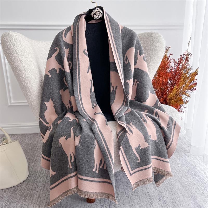 Зимний розовый шарф с кошачьим узором, кашемировый, женский, жаккардовый, дизайн пашмины, накидка, женское толстое одеяло, мягкий шарф, шаль, платок