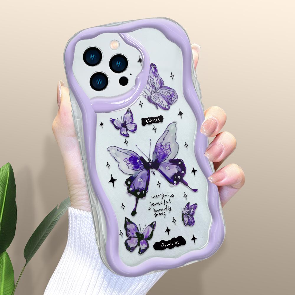 Модный чехол для телефона с бабочкой для iPhone 15, 14, 13, 12, 11, Samsung Galaxy A52, Xiaomi Redmi 14, 13C, кремовый текстурированный корпус, мягкий чехол с волнистыми краями