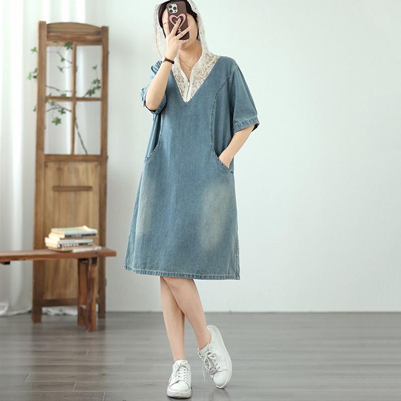 Короткий рукав Плюс размер джинсовая кружевная винтажная новинка в платьях для женщин повседневное свободное летнее платье миди