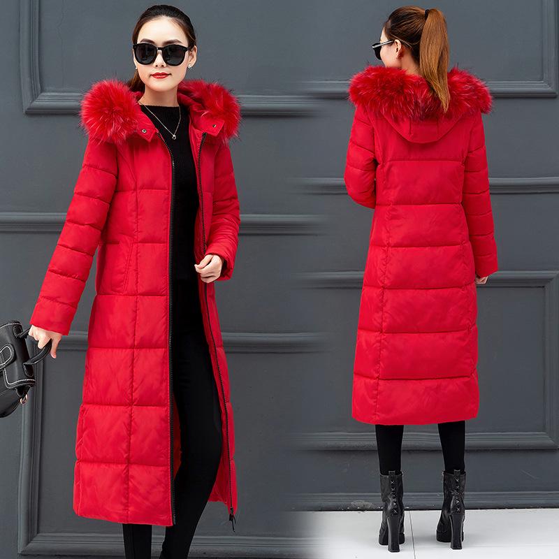 Women's cotton-padded clothes in autumn and winter, new extended over-knee down cotton-padded clothes, women's large size loose solid color fur-colla