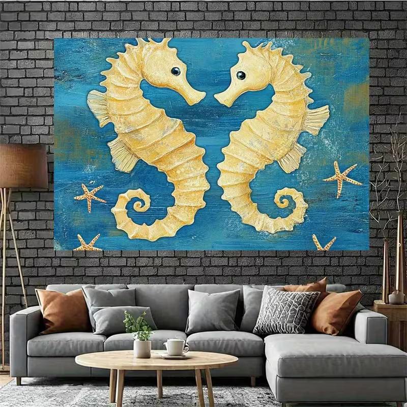 2D Vintage Nautical Seahorse Backdrop 2D Flat Print Blue Ocean Starfish Background