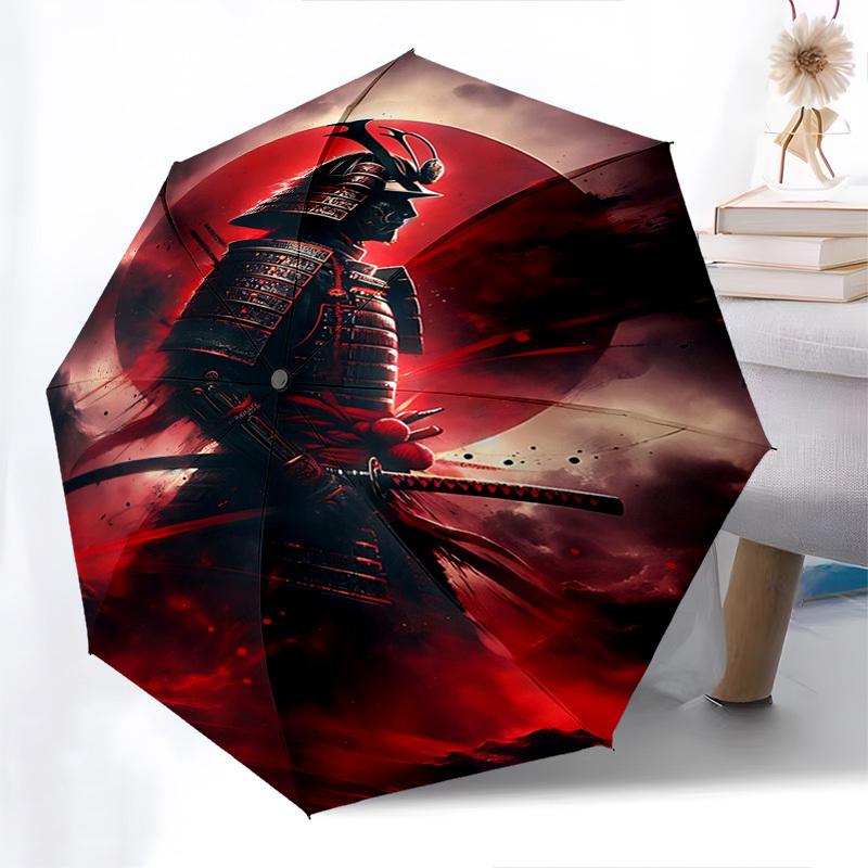 Samurai, RedMoon Themed Automatic Opening and Closing Umbrella, Brightly Colored 8-rib Portable Umbrella, Suitable for Men and Women, A Perf
