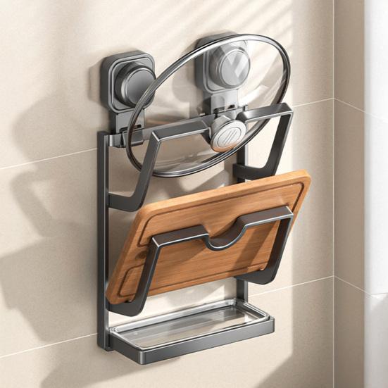 Настенный держатель для крышек от кастрюль на присосках, кухонный органайзер для крышек от кастрюль, стойка для хранения крышек от сковородок со съемным поддоном для сбора капель для разделочной доски