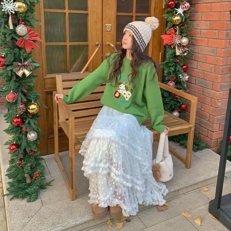 Женская осенне-зимняя многоярусная пушистая миди-юбка с кружевной отделкой - Свободная А-силуэта, милая длинная юбка с дизайном в виде слоев торта