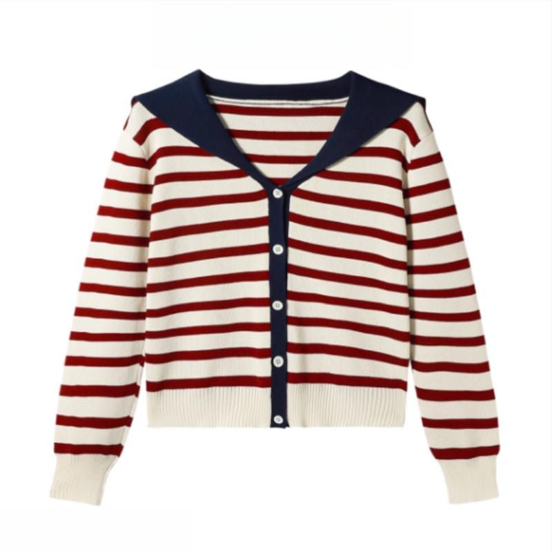 A New Autumn Knitted Cardigan for Women with A Contrasting Color Navy Collar and Stripes, Making Them Look Slimmer