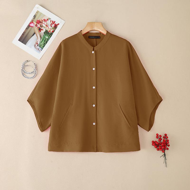 ZANZEA Женская повседневная блузка с круглым вырезом, свободного кроя, с рукавом 3/4, однотонная