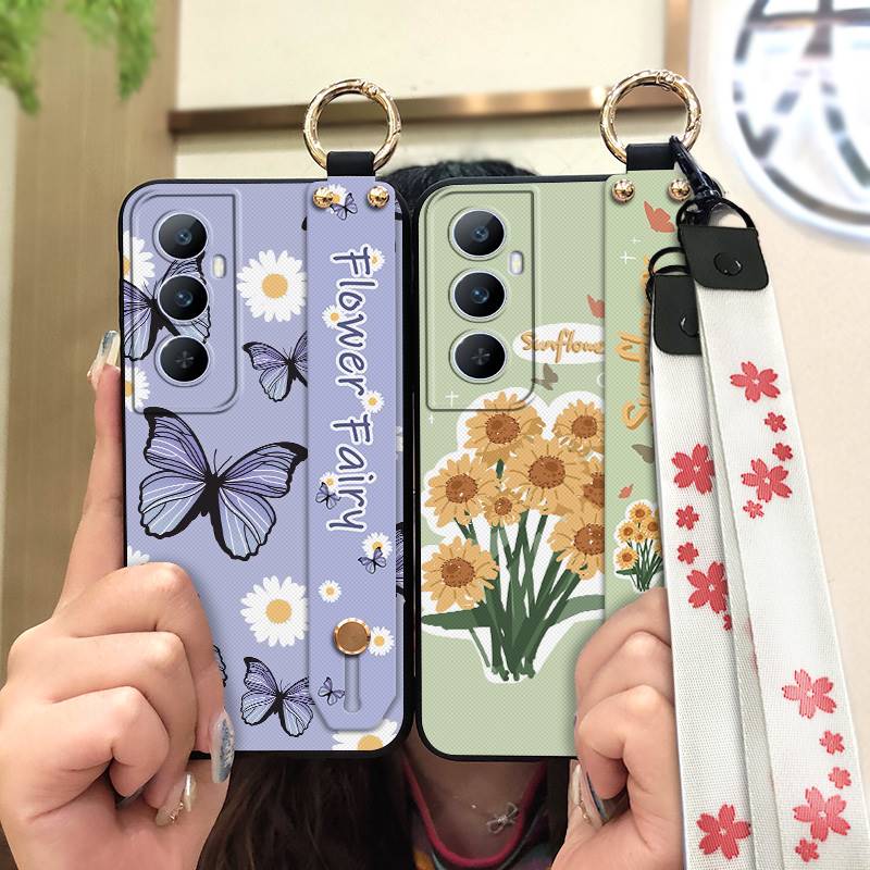 Phone Holder Durable Phone Case For Realme C65 Oil Painting Anti-dust Flower Silicone Shockproof Wristband Waterproof