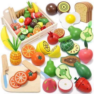 [Проверено Законом о Санитарии Пищевых Продуктов] Деревянный Игровой Кухонный Набор Rocotto с Магнитами и Липучками, Продукты Питания (Овощи, Фрукты) с ящиком для хранения, большой