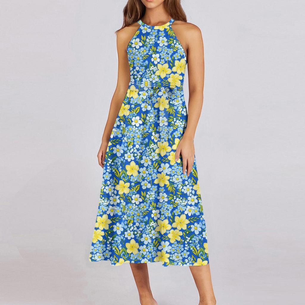 Женское повседневное платье миди с круглым вырезом, классическое, повседневное, без рукавов, свободное платье в стиле бохо с завязками, летний пляжный сарафан