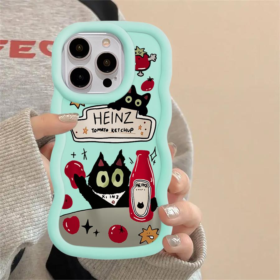 Soft Phone Cover Case for iPhone 16 Pro Max 13 12 15 Plus 17 Air 14 8 11 XR Tomato Sauce Black Cat
