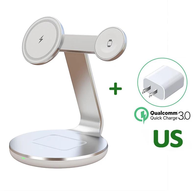 Металлическое 3 в 1 беспроводное зарядное устройство магнитная подставка держатель телефона быстрая зарядка для iPhone 16 15 14 13 Pro Max iWatch 9 8 7 Airpods 3 2