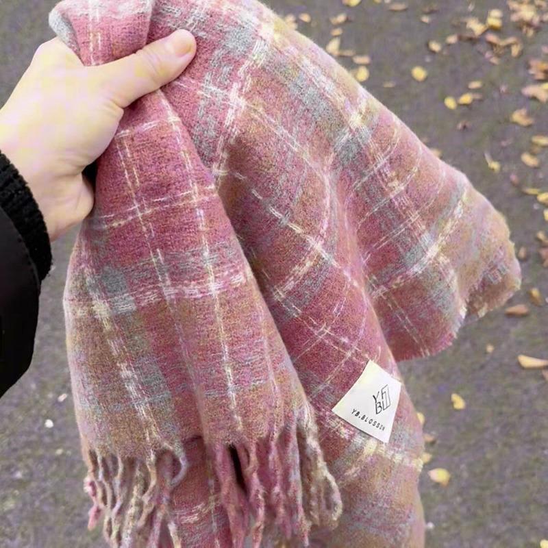 Plaid Scarf Women's Atmosphere Warm New Dry Rose Powder Autumn and Winter White Soft Fringed Shawl Scarf