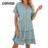 Summer Women's Dress Solid Colour V-Neck Loose Short Sleeve Patchwork Dresses