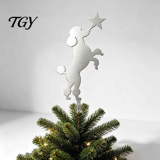Decorative Dog Ornament Standing Poodle Christmas Tree Topper, Silver Silhouette Durable Metal Decoration, Secure Star Topper Plug-in Rod Easy