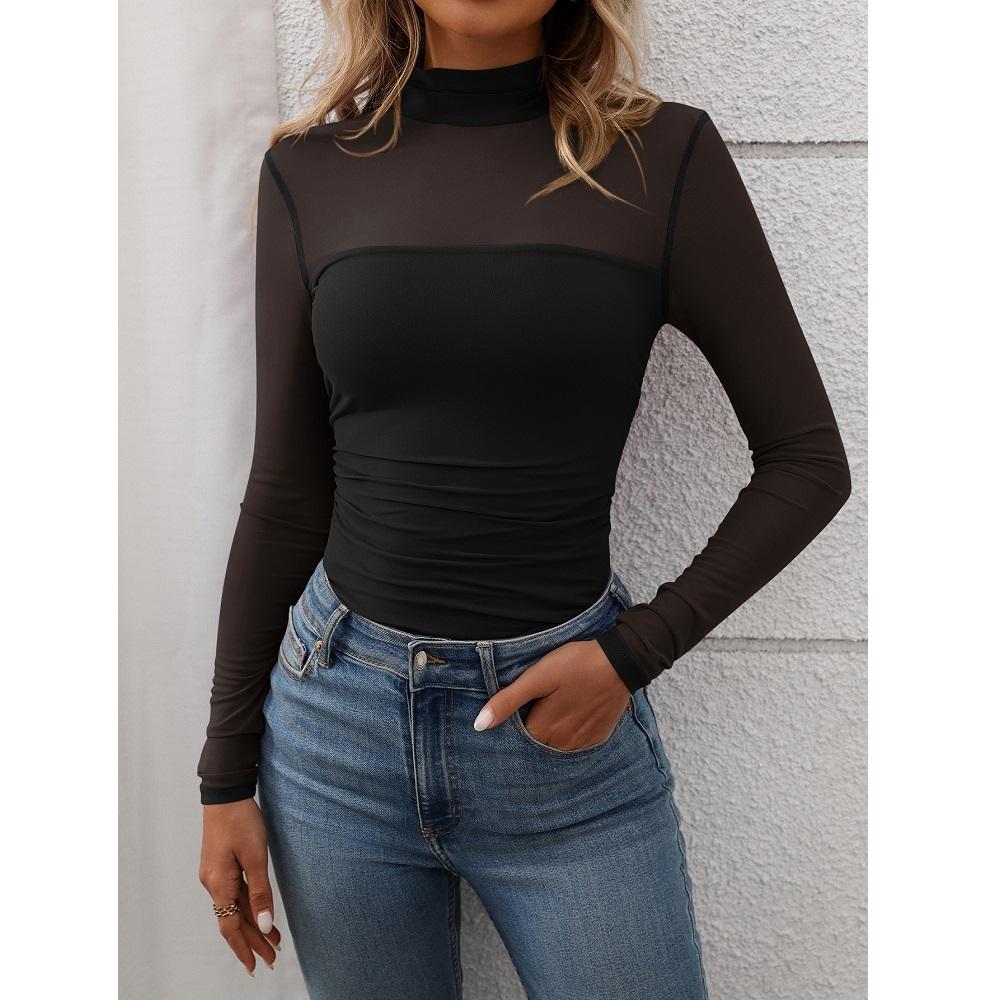 Женские весенние базовые футболки, топы, сетчатые прозрачные длинные рукава, водолазки, тонкие футболки