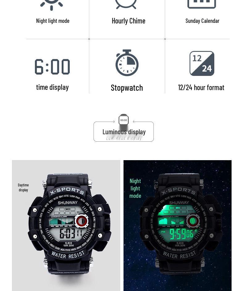 Светодиодные молодежные светящиеся водонепроницаемые спортивные часы-хронограф с многофункциональным дисплеем
