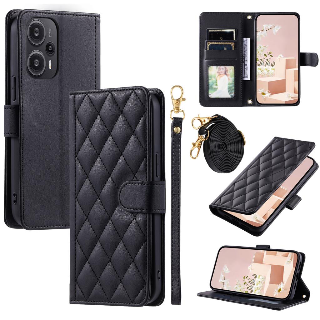 For Xiaomi Poco F5 5G/Redmi Note 12 Turbo Magnetic Case Rhombus Grid Leather Cover with Wrist Strap