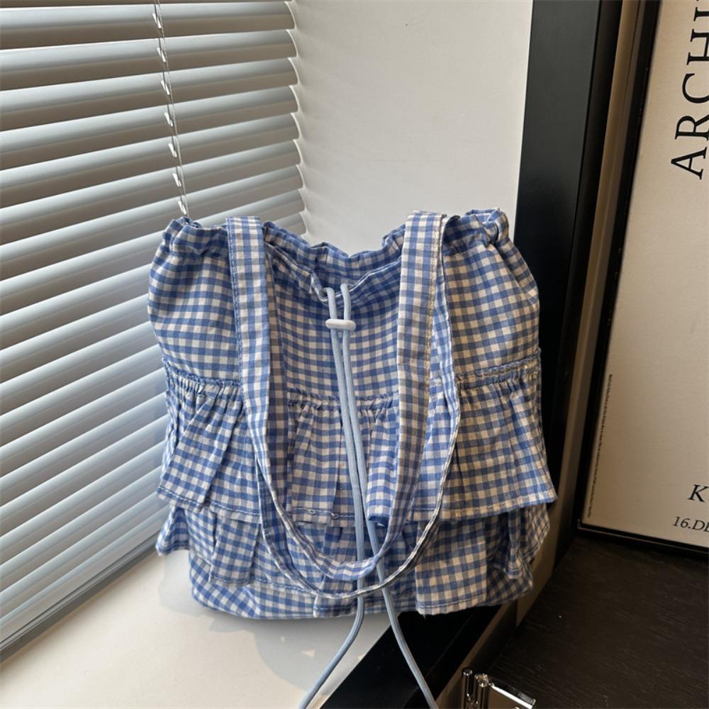 Сумка на кулиске в корейском стиле, модная клетчатая сумка-тоут, простая сумка через плечо в форме листа лотоса, сумка для хранения