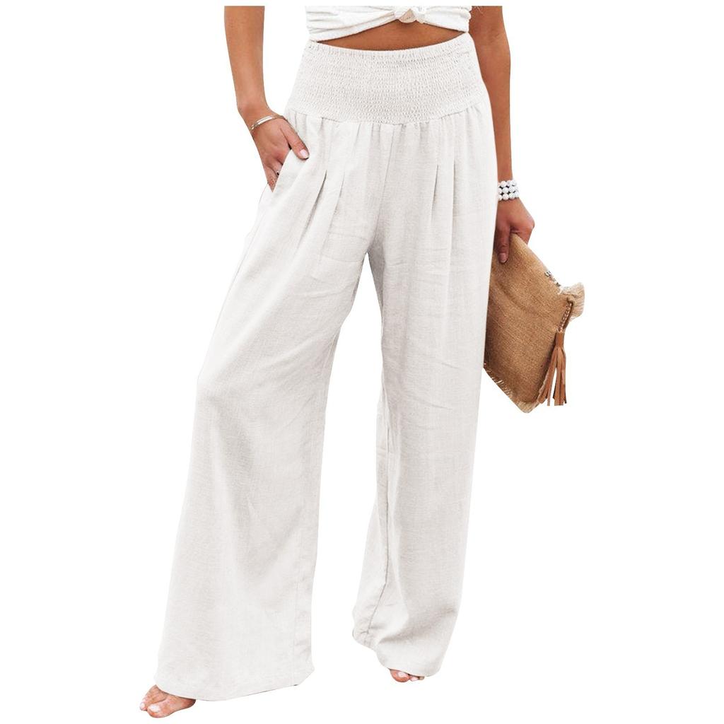 Women's Casual Loose High Waist Cotton Linen Wide Leg Long Pants With Pockets