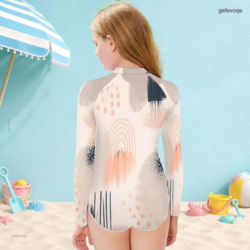 Girl s High Neck Long Sleeve Front Zip Printed Blue Orange One Piece Swimsuit