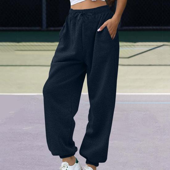 Women Sweatpants Elastic High Waist Adjustable Drawstring Harem Pants with Pockets Solid Color Loose Lounge