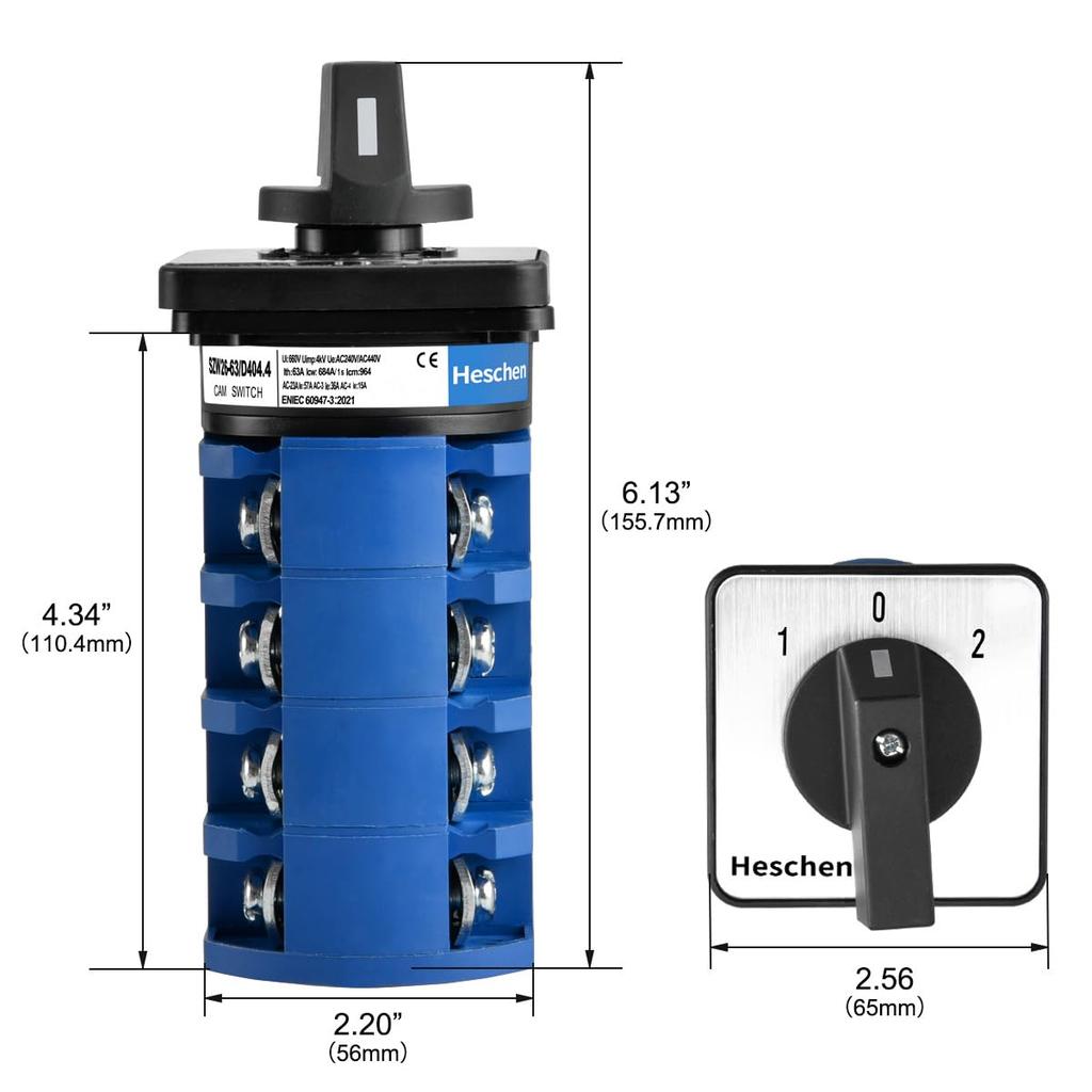 Heschen Universal Rotary Cam Selector Changeover 660V 3 Position 4 Phase 16 CE Switch, SZW26-63/D404.4, 63A, ON-OFF-ON, 4NO+4NC Terminals,