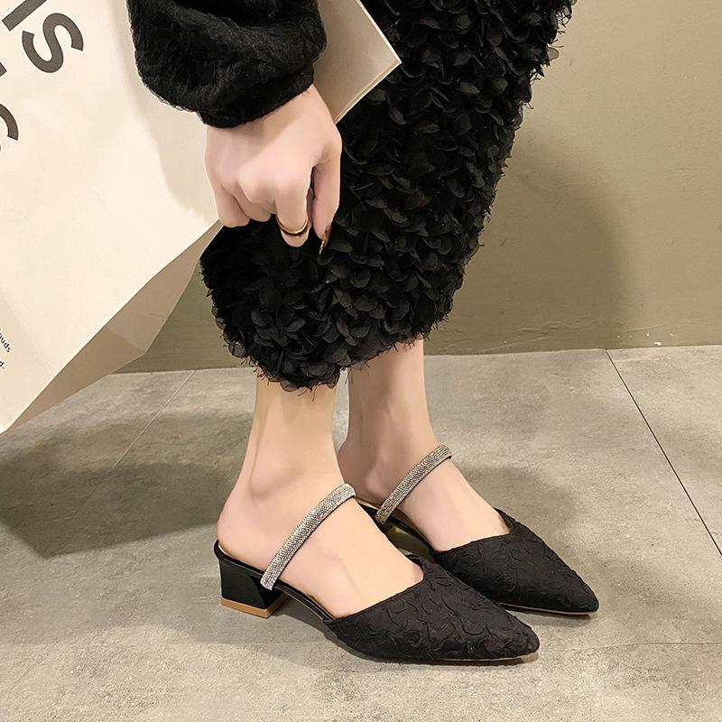 Французские босоножки Baotou со стразами, женственные, с юбкой, толстый каблук, полузатянутый, легкий ветер, одно слово, бриллиантовый пояс, одиночные туфли для женщин