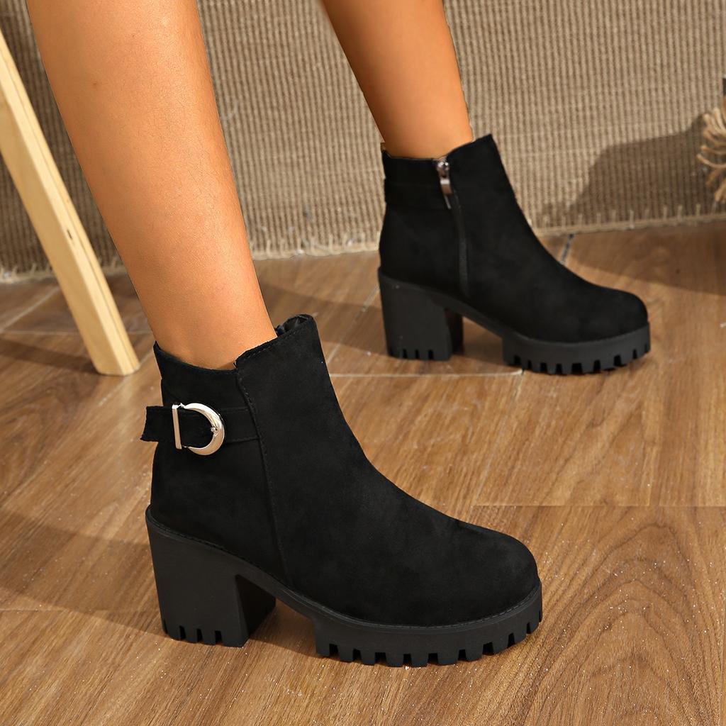 Fashionable New Round Toe Plus Size High-heeled Women's Boots Popular Spring Autumn Square Heel Comfortable Casual Short Boots