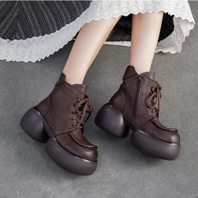 Johnature Натуральная кожа Британский стиль Ретро Толстая подошва Плюшевые Короткие ботинки Универсальная женская обувь на платформе