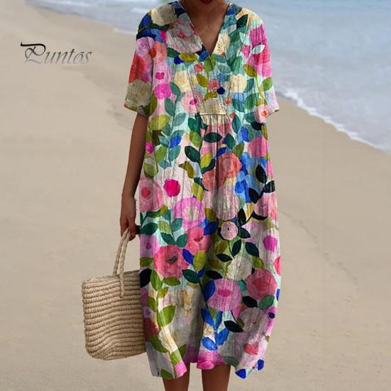 Женское платье с цветочным принтом, платье с коротким рукавом и v-образным вырезом, летнее повседневное платье трапециевидной формы, пуловеры в богемном стиле, платье для вечеринки, повседневная одежда, отпуск