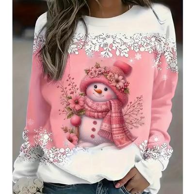 2025 Осень и Зима Женский Новый Повседневный Топ с Круглым Вырезом и Длинным Рукавом с 3D-Принтом Снеговика