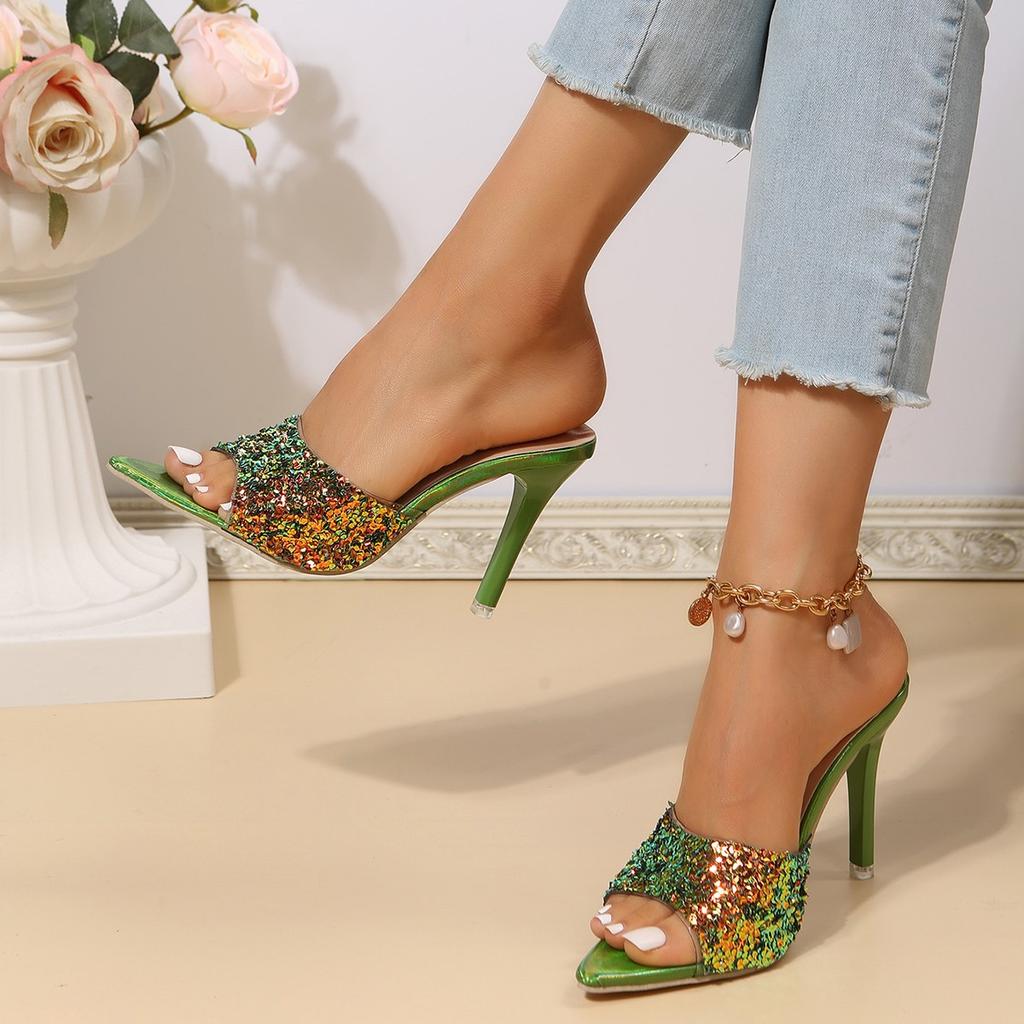 Sequin Slip Flops  Summer New Style Thin Heeled High Heeled Outwear Fashion Sandals Women's Shoes 9.5CM