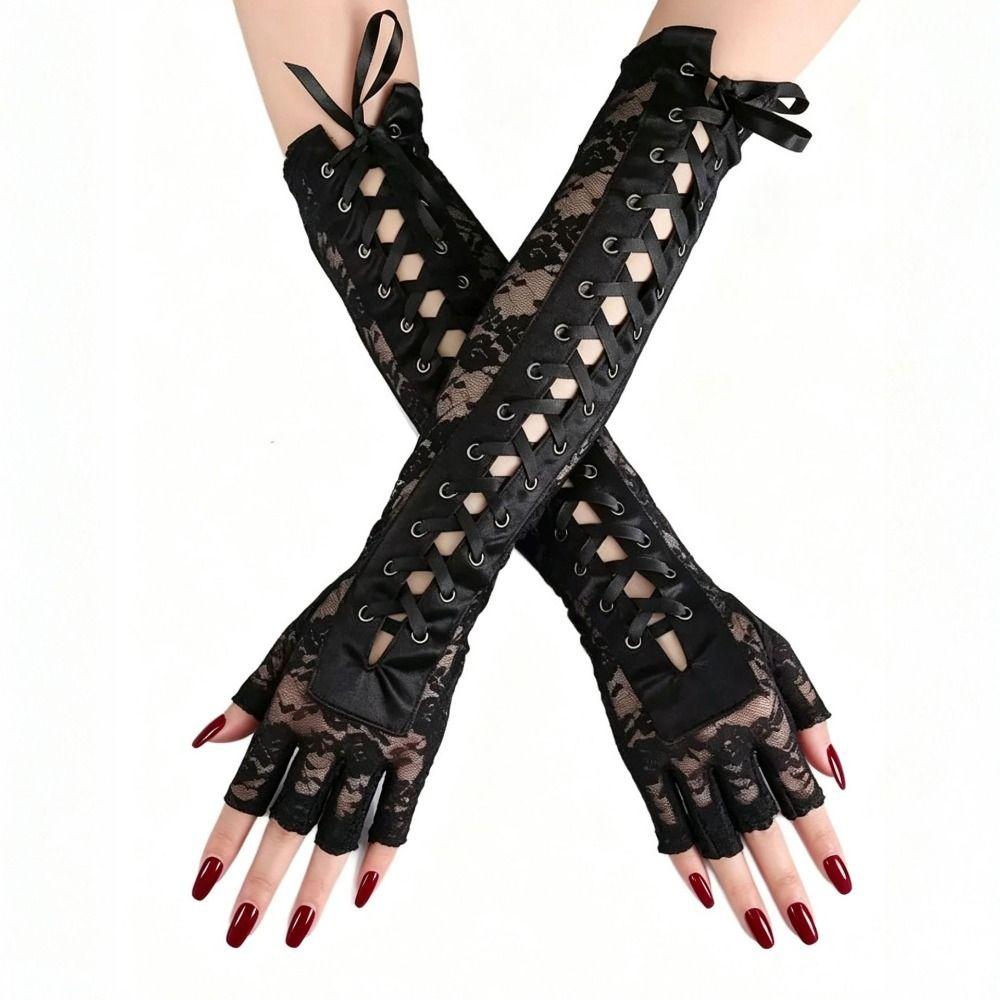 Lolita Lace Strap Gloves Long Gloves Elastic Women Gloves Cute Ribbon Half Finger Gloves Party
