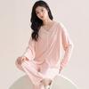 2 Pcs/Set Women Pajamas Suit with Chest Pads Long Sleeves Loose Solid