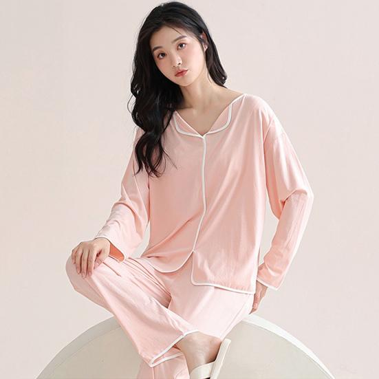 2 Pcs/Set Women Pajamas Suit with Chest Pads Long Sleeves Loose Solid