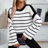 Autumn Winter Vintage Loose Long Sleeve Top Stripe Cardigan Knitwear O-Neck Sweater