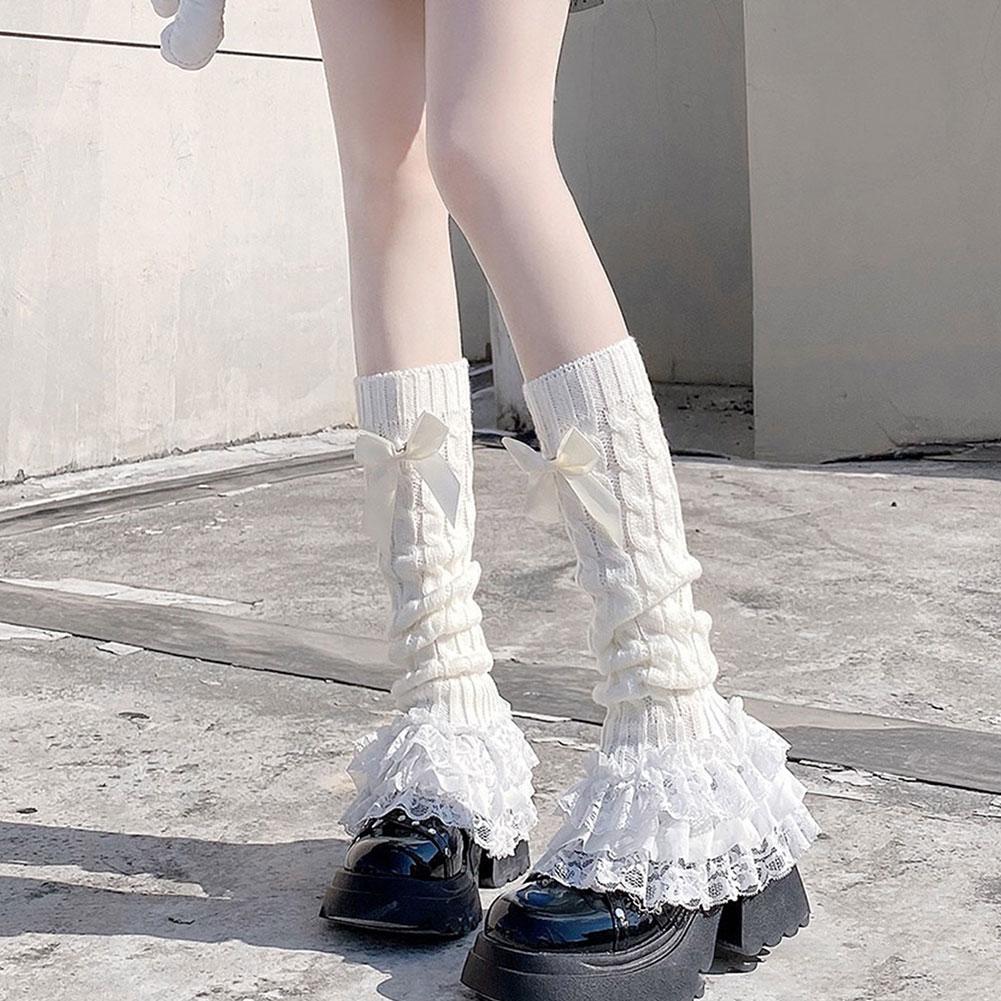 1pc Bow Lace Mid-tube Socks Lolita Winter Leg Cover Warm White Socks Style Cute Sweet Middle Fo X4T3