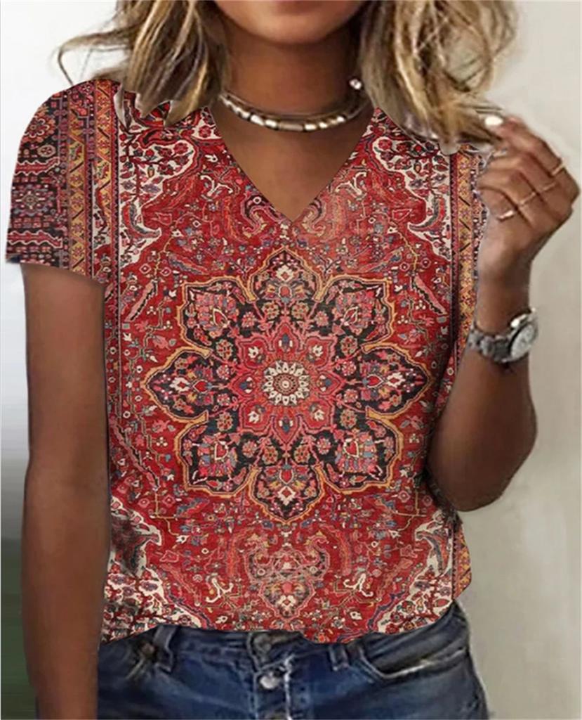 Летняя винтажная футболка женская модная футболка с V-образным вырезом топы футболки одежда Y2k женские футболки рубашка женская майки этнические